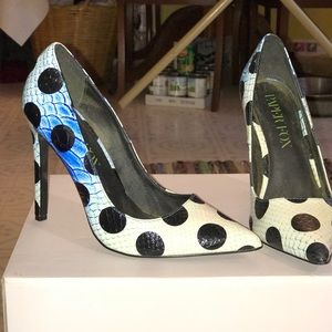 Blue & white with black polka dot heels